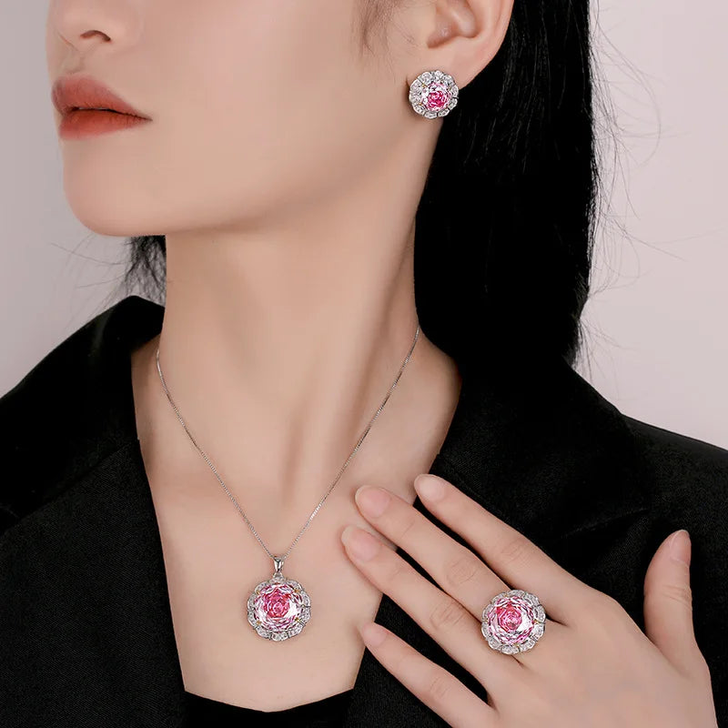 Gemfiori Luxurious Exquisite Rose Design Necklace Ring Women's Elegant Earrings Fashionable Women's Sparkling Zircon Set Accessories