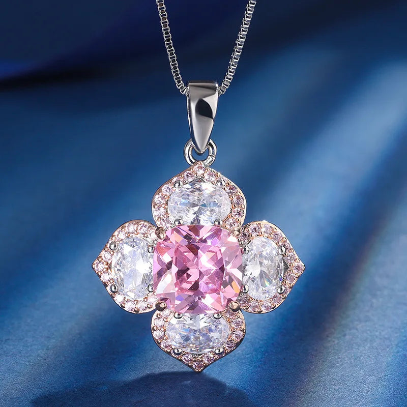 Gemfiori New Popular and Explosive Jewelry European and American Retro Inlaid square Emerald pink Zircon Flower Set