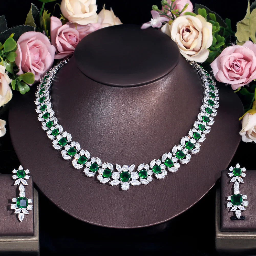 Luxurious Elegant Green Square Cubic Zirconia Big Women Wedding Event Costume Necklace Earrings Jewelry Sets for Brides