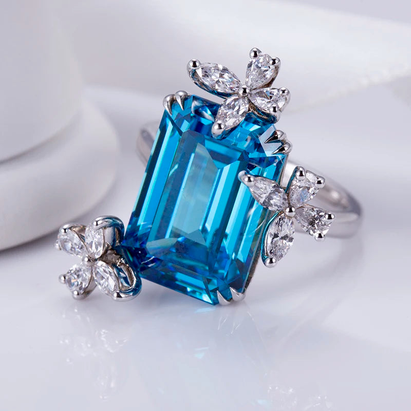 Messi Jewelry MSR-948 High Carbon Cubic Zircon Blue Diamond Ring Jewelry S925 Emerald Cut   Engagement Wedding Ring