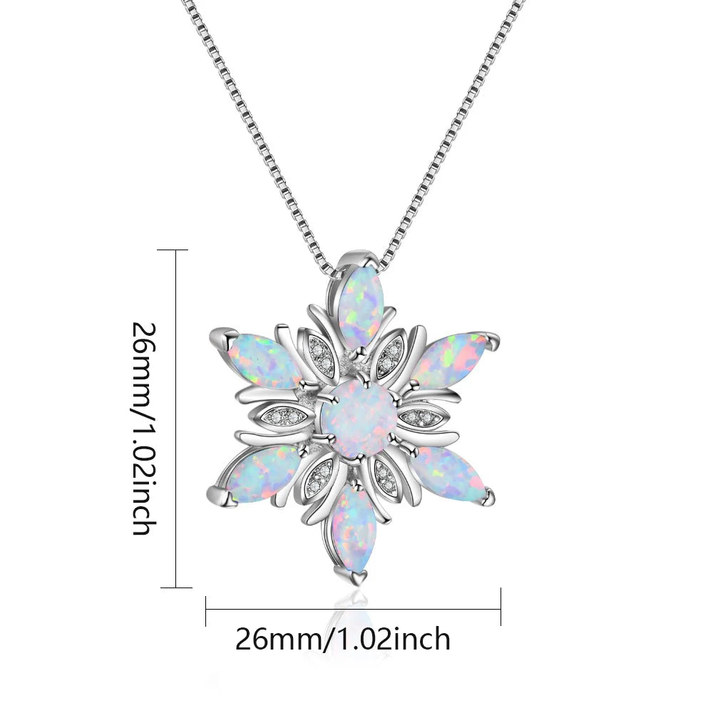 White Fire Opal Lab Created Marquise Stone Pendant Cute Snowflake Design Women's Trendy Silver Copper Box Chain Necklace Wedding