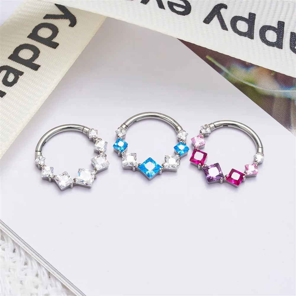 1Pcs Wholesale ASTM F136 Titanium Colorful Square Zircon 16G Nose Ring Hoop Cartilage Earrings Fashion Body Piercing Jeweley