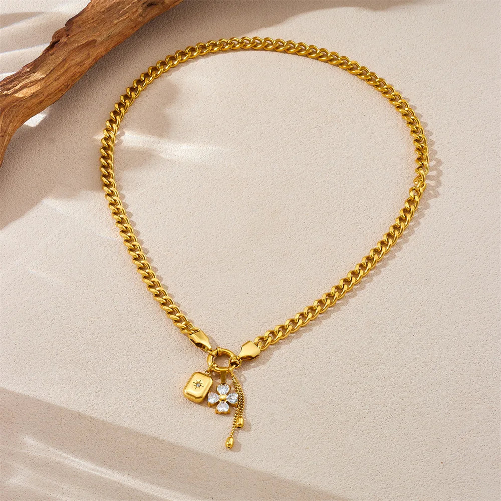 Hot Sell Fashion Stainless Steel Gold Flower Pendant Necklace and Bracelet Set Women Gold Jewelry Set