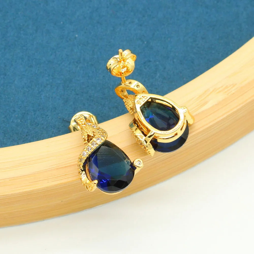 XOTICA Women's Gold Plated Bridal Sets Sapphire Blue Classic Alloy Stud Earrings Bracelet Pendant Necklace Ring for Engagement Wedding