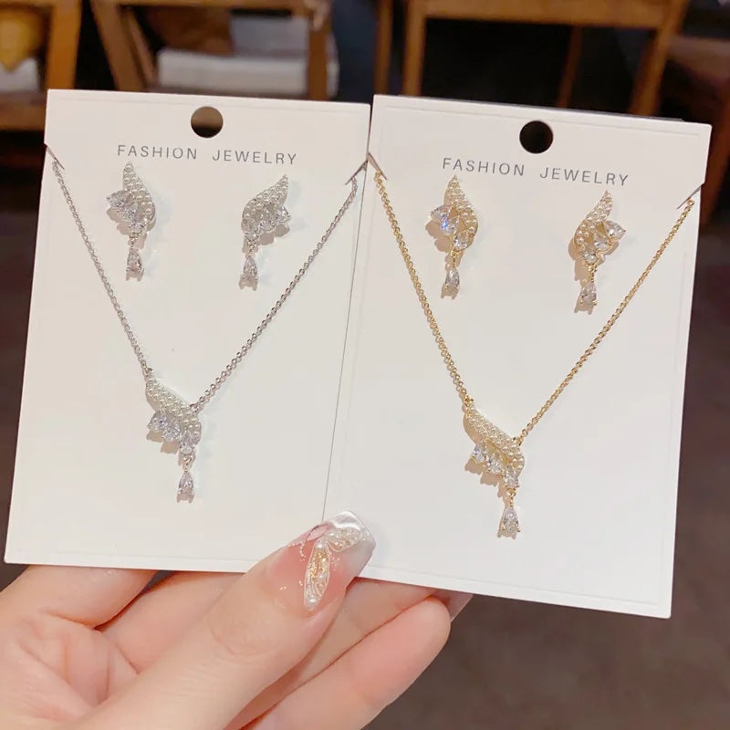 High Quality Fashion Luxury Teardrop Zircon Necklace and Earrings Set Classic Real Gold Plated Jewelry Set for Women