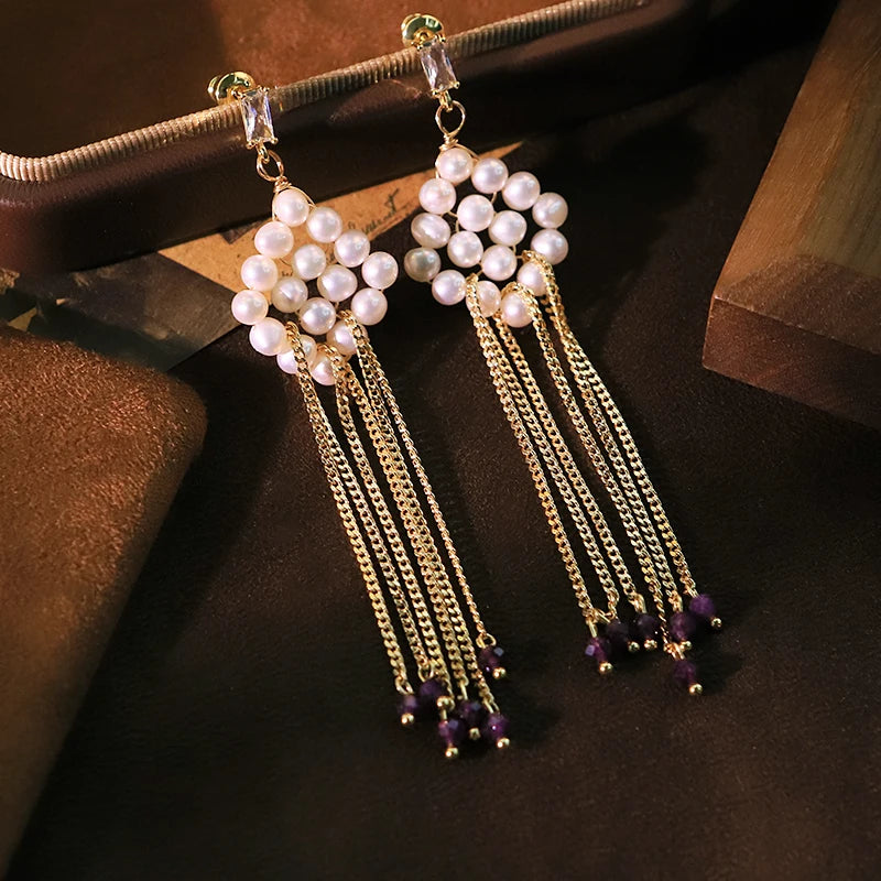 Rhombus Natural Freshwater Pearl Tassel Earrings 18k Gold Plated Design High Quality Earrings Banquet Wife Women Jewelry GE1576