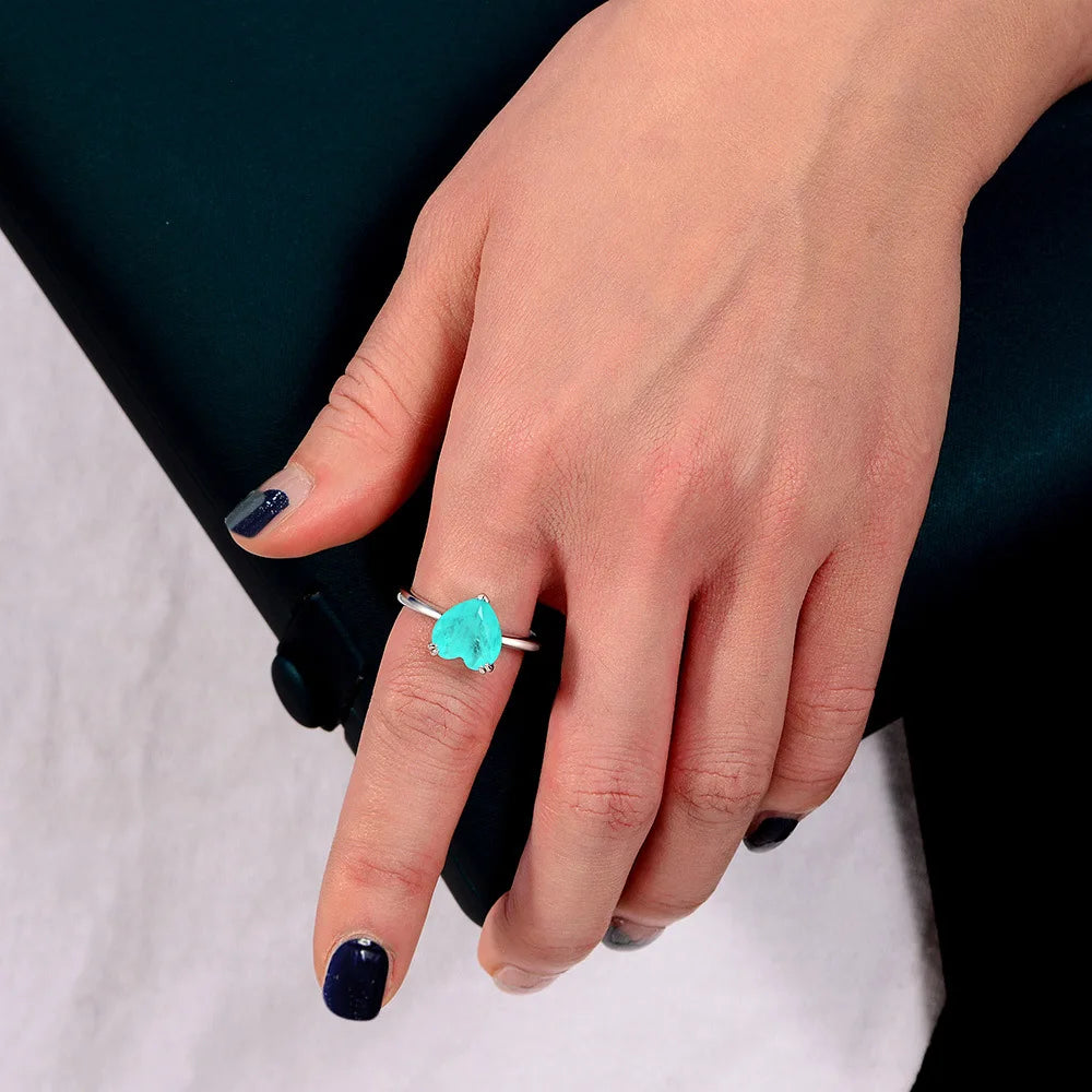 MuShan Jewelry Factory 925 Silver Synthetic Paraiba Ring Fashionable and Simple 4ct Heart Shaped 10*10 Ring for Women