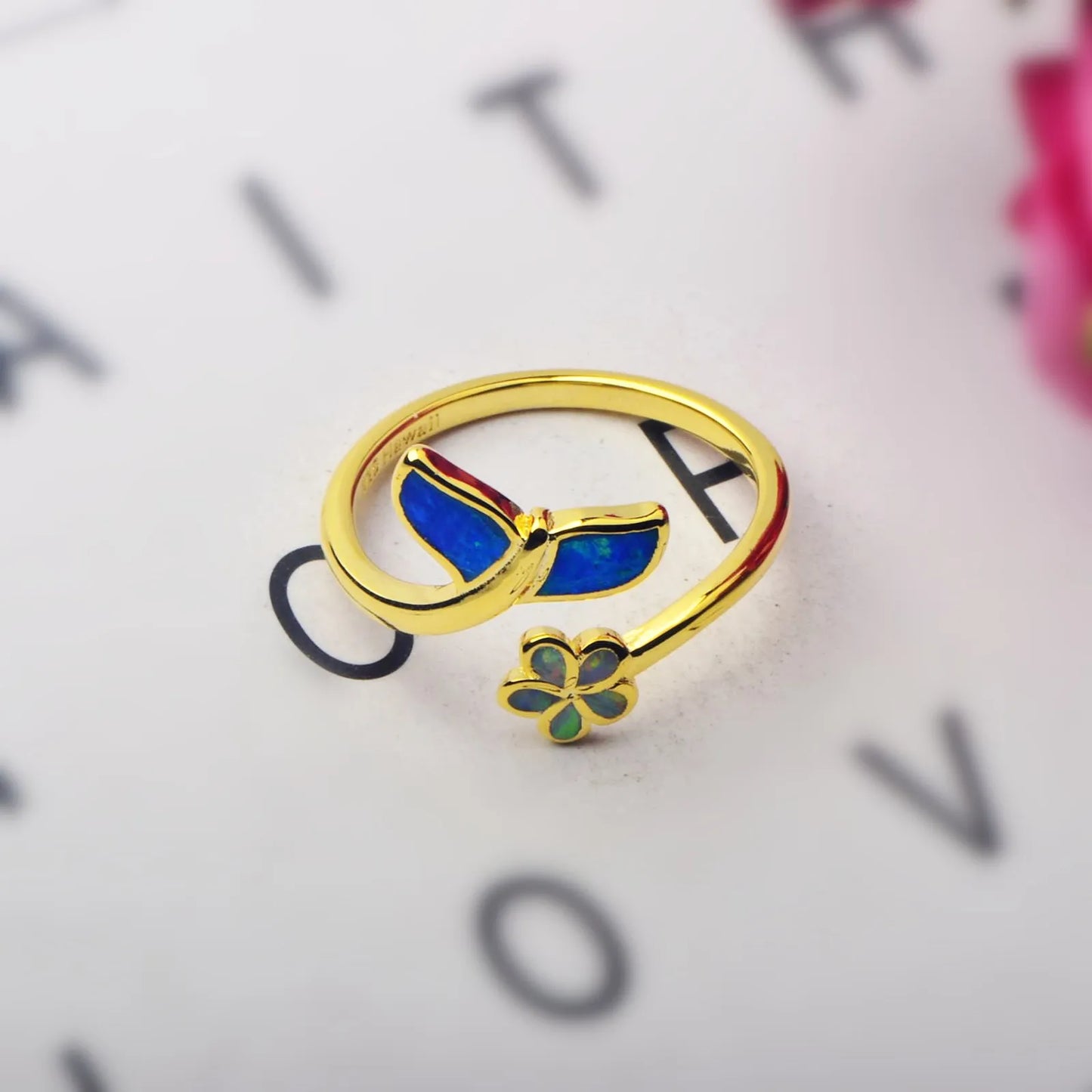 Mermaid Tail  Flower Opal Open Ring  Gem Gold-Plated Band  Enchanting Ocean-Themed Jewelry for Women Trendy Style