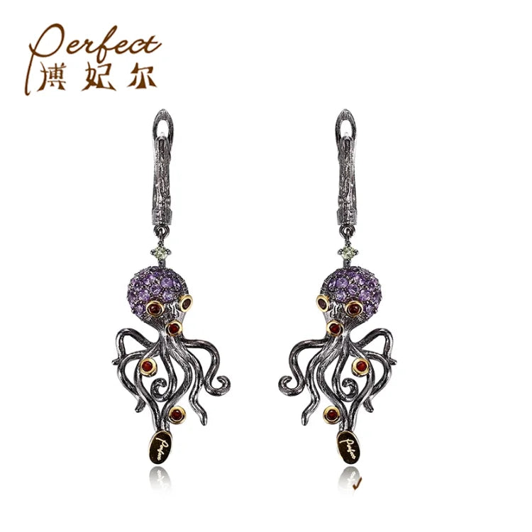 Profession Design 925 Sterling Silver Octopus Shape Earrings With Garnet Stone