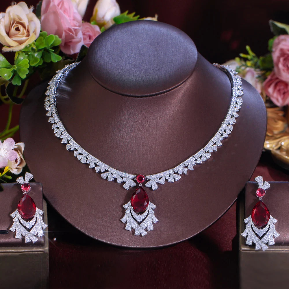 Gorgeous Cubic Zirconia Red Necklace and  Earrings Bridal Banquet Jewelry Set for Women Party Engagement Luxury Jewelry