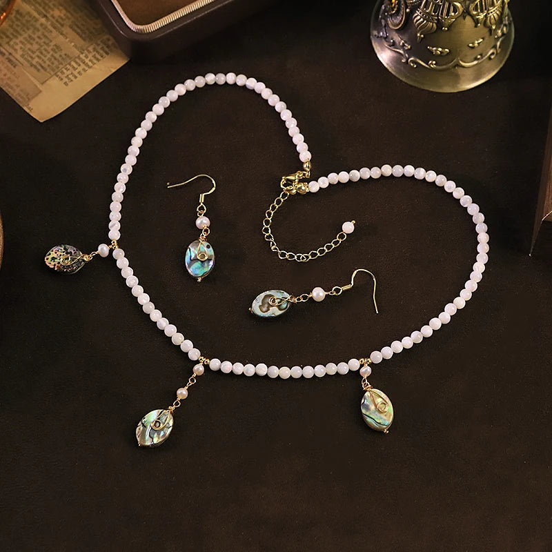 GLSEEVO Natural Freshwater Pearl & Abalone Shell Necklace & Earrings Set — Vintage Coastal Jewellery