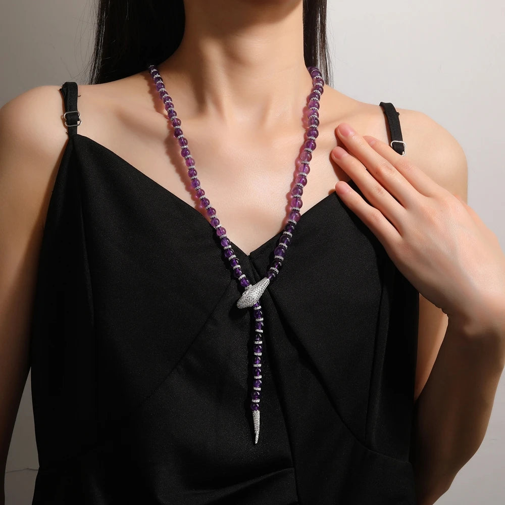 Silverelli | 925 Silver Snake Design Natural Amethyst & Diamond Pendant Necklace | Gold Plated