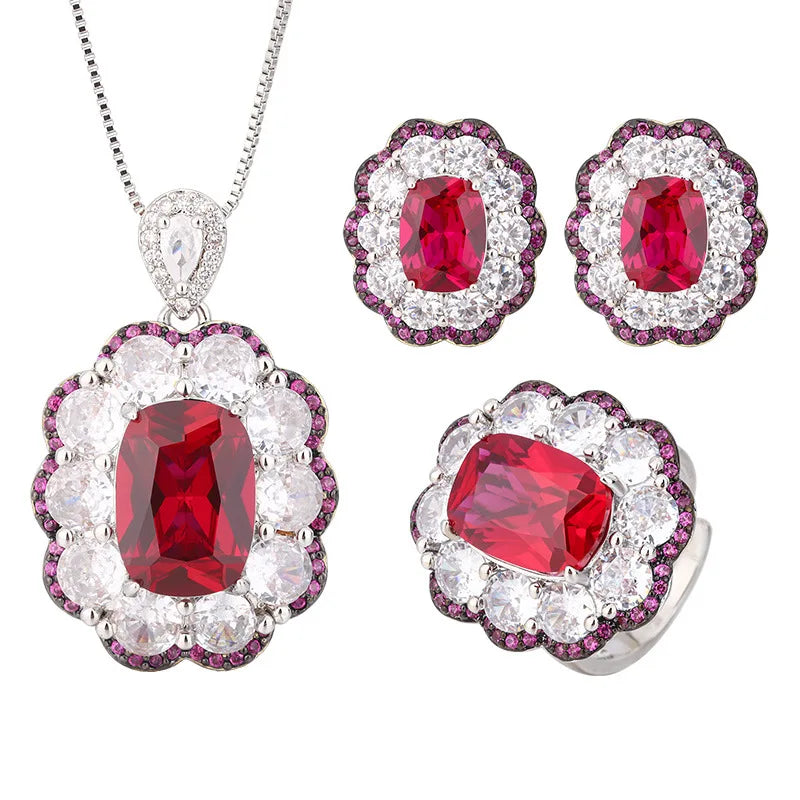 Gemfiori New Product Temperament Korean Luxury Group Set with Zircon Pomegranate Red Pendant Earrings Adjustable Ring Fashionable Set
