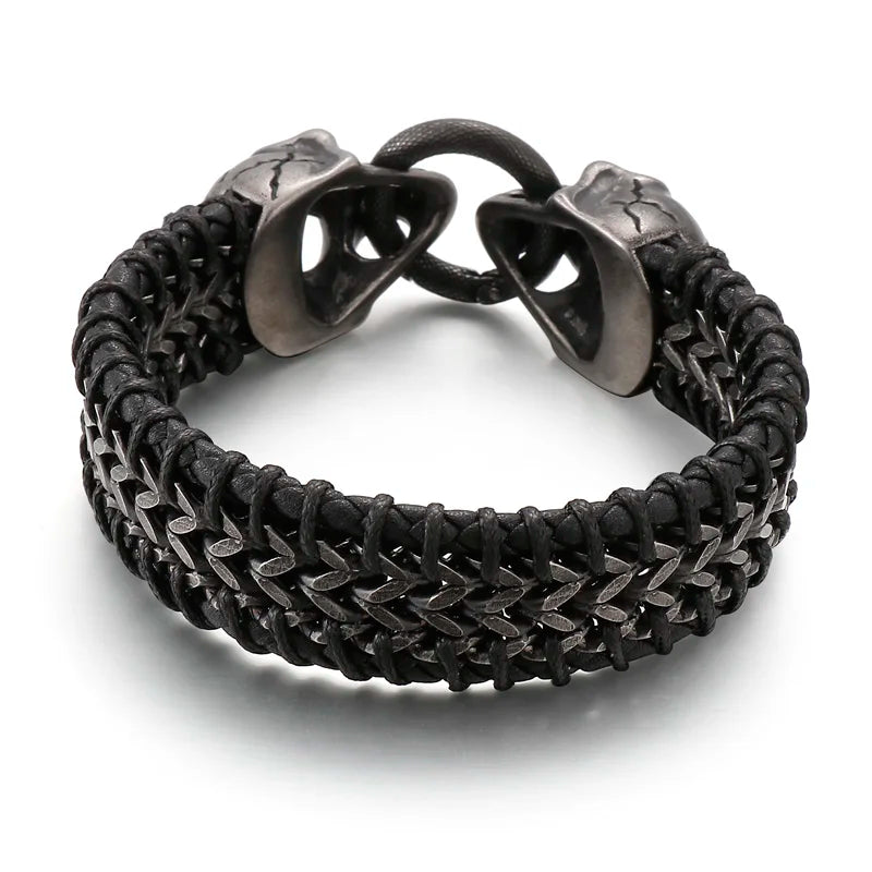 KALEN Punk Skull Fashion Jewelry Bracelets Stainless Steel Cowhide Leather Bracelet Bangle