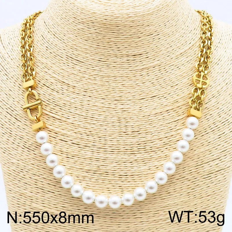 REBEL Unisex Elegant Noble Style Stainless Steel&Pearls Necklace