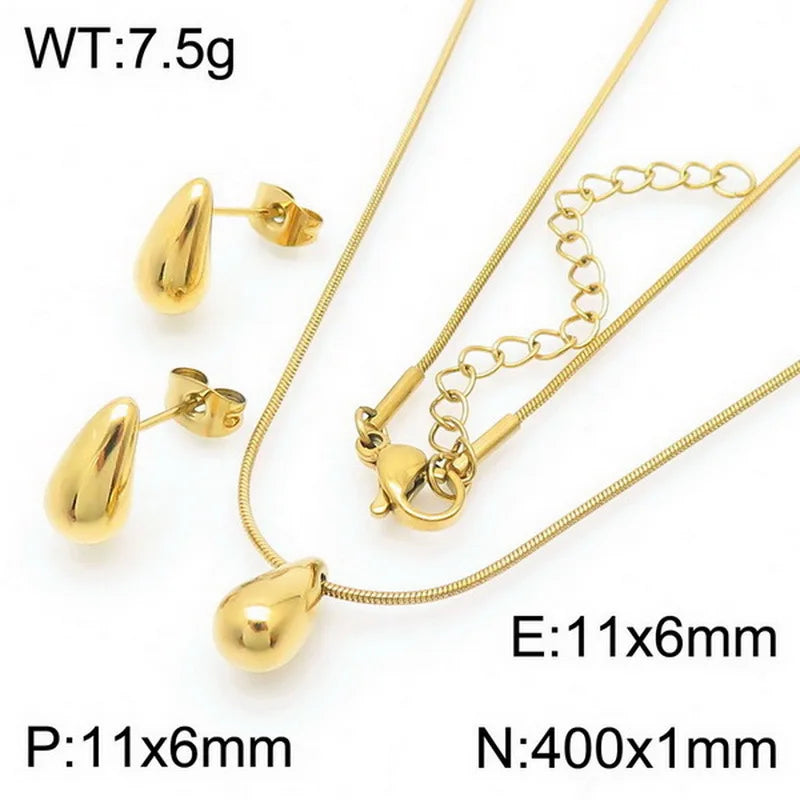 REBEL High-quality Fashion Chubby Water Drop Stainless Steel Hollow Earrings Necklace Charm Temperament Jewelry Set
