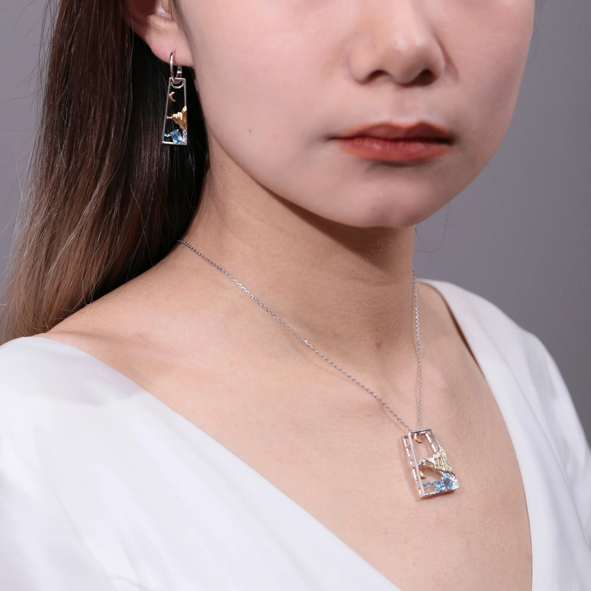 ArtistA C8208 Abiding High-end Silver 925 Landscape Natural Gemstone Swiss Blue Topaz Amethyst Peridot Earrings Pendant Jewellery Set