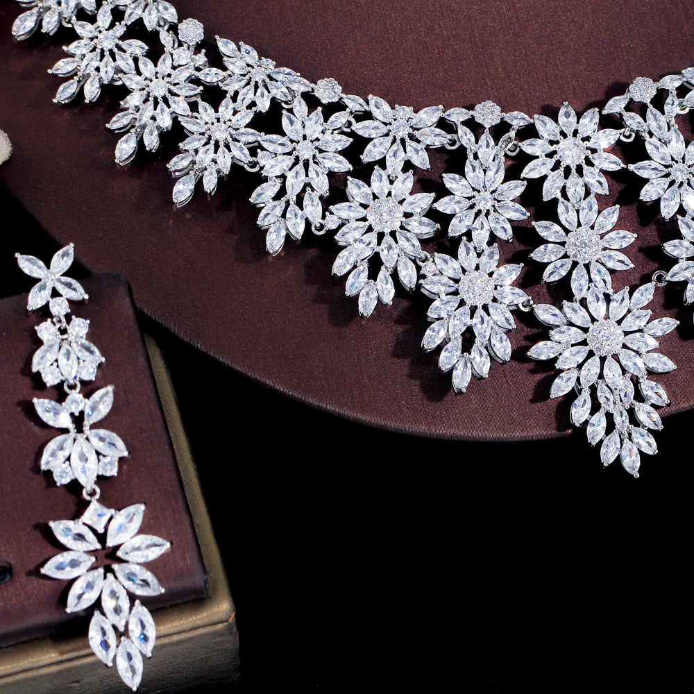 Luxury Big Statement Heavy Cubic Zirconia Women's Long Tassel Wedding Necklace and Earrings Pageant Jewelry Sets for Brides