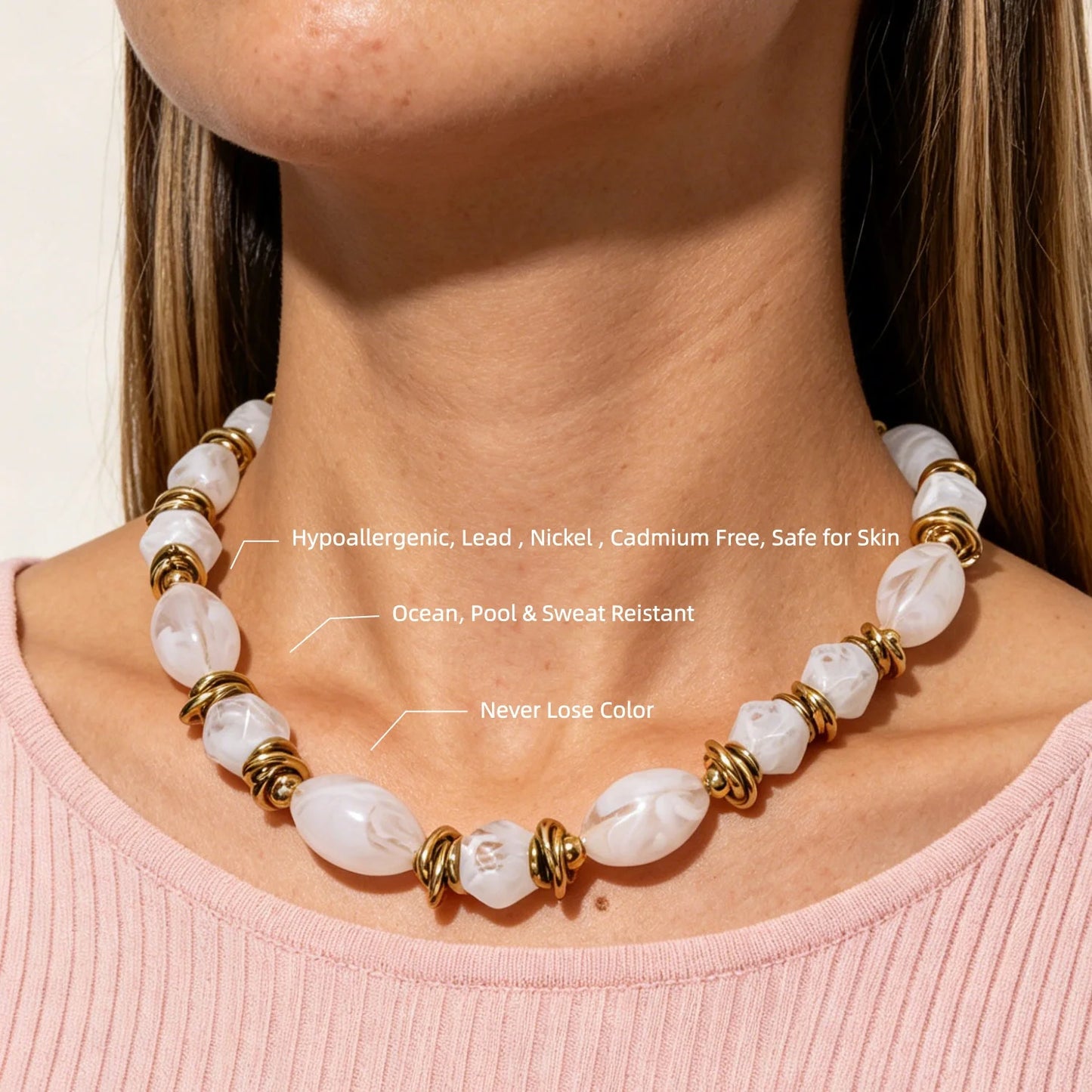 Joolim PVD Plated Wholesale Waterproof Fashion Layerable Resin Twist Wire Beaded Chain Necklace Stainless Steel Jewelry
