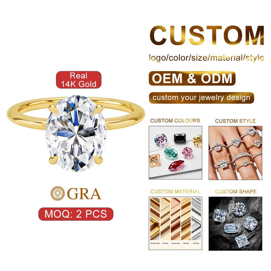 Gioiellieri Fine Jewelry Supplier Woman Engagement Wedding Gift Hollow Real 14K Gold 2ct 3ct Diamond Oval Moissanite Rings