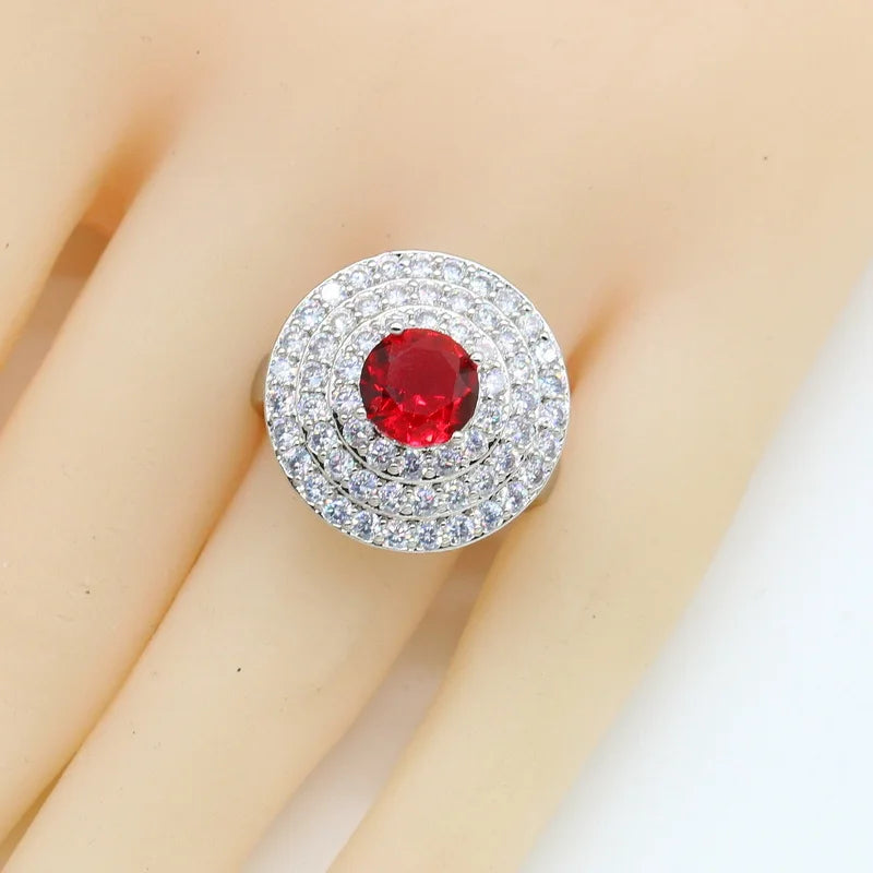XOTICA Silver Color Bridal Jewelry Set with Red Zircon Includes Necklace Pendant Earrings Rings for Parties