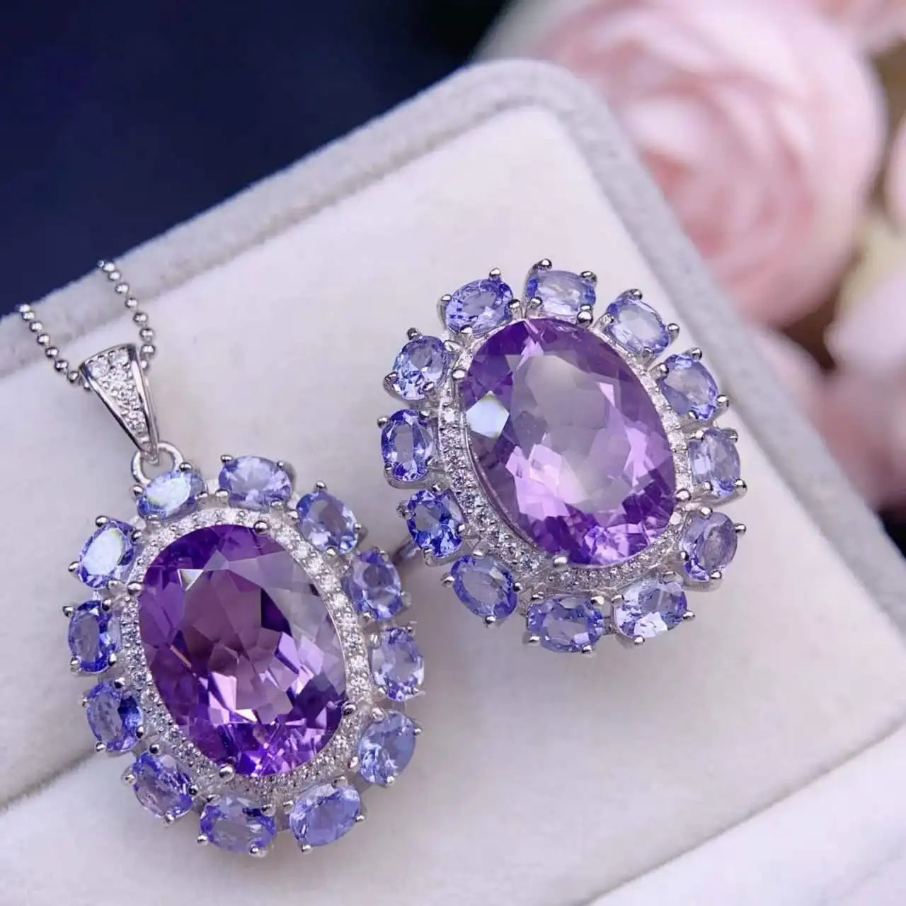 925 Sterling Silver Natural Tanzanite Amethyst  Necklace Ring Set Jewelry Set Pendant Set Gift