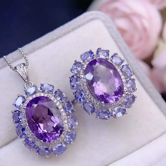 925 Sterling Silver Natural Tanzanite Amethyst  Necklace Ring Set Jewelry Set Pendant Set Gift