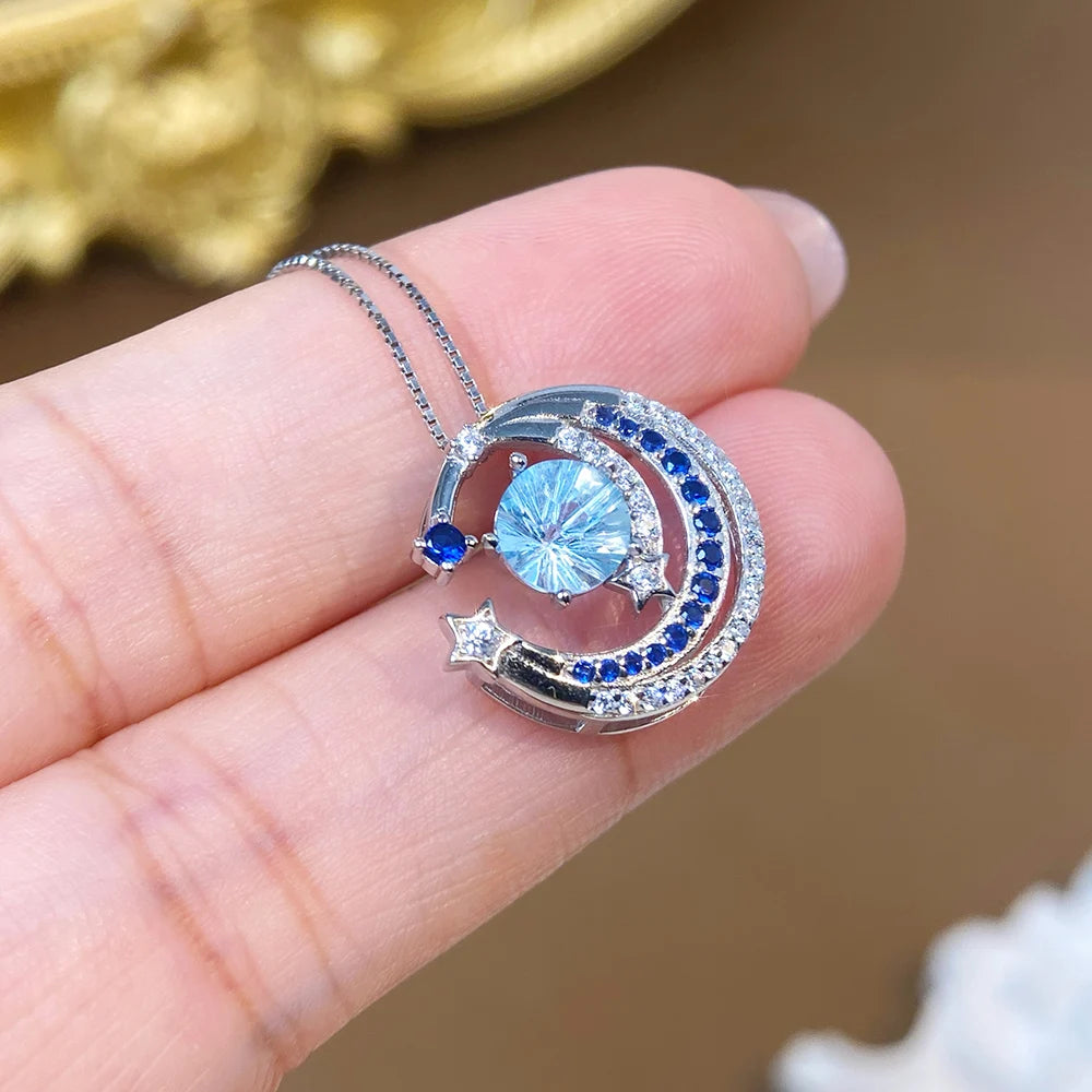 Gioiellieri Luxury Natural Sky Blue Crystal Necklace Round Fireworks Cut S925 Sterling Silver Gold Plated Rhodium Plated Charm Pendant Gift