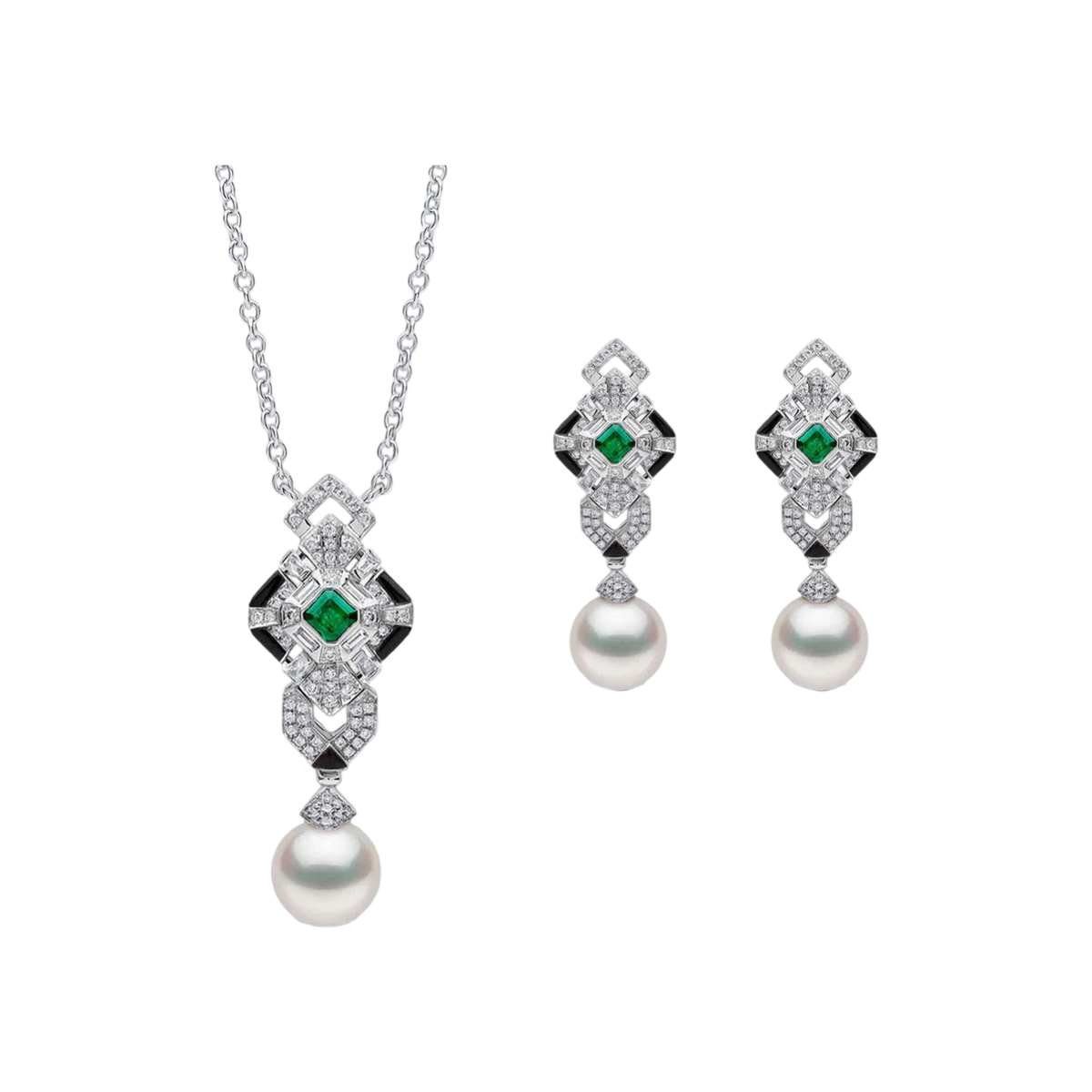 S925 Silver Freshwater Pearl & Zircon Earring Necklace Set Luxurious Geometric Lines Design Fine Jewelry for Gift