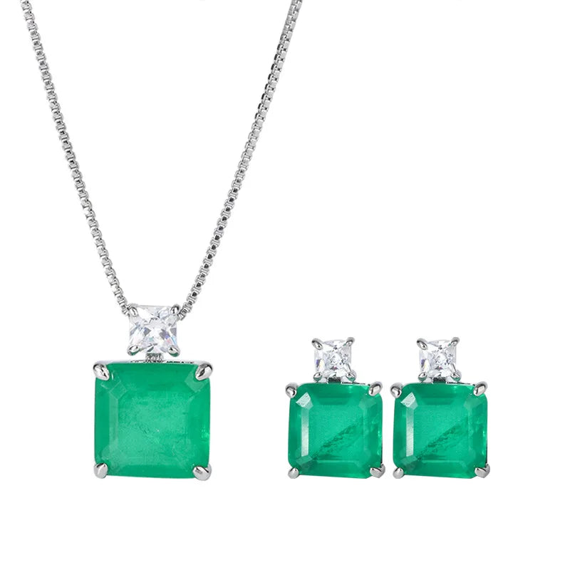 Fashion Eco-friendly Copper Minimalist Square Green Zircon Pendant Earrings Set Elegant Brass Jewelry Sets for Refined Everyday