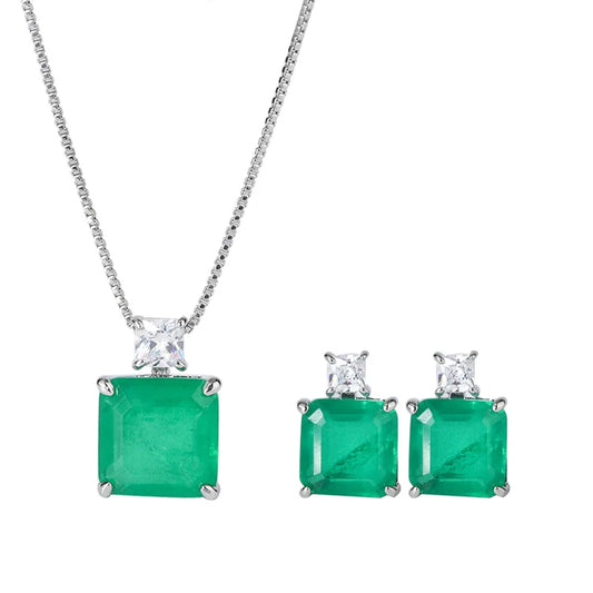 Fashion Eco-friendly Copper Minimalist Square Green Zircon Pendant Earrings Set Elegant Brass Jewelry Sets for Refined Everyday