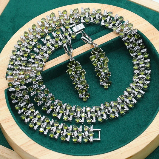 925 Silver Jewelry Set for Women Classic Style Olive Green White Zircon Earrings Necklace Engagement Wedding Christmas Gift