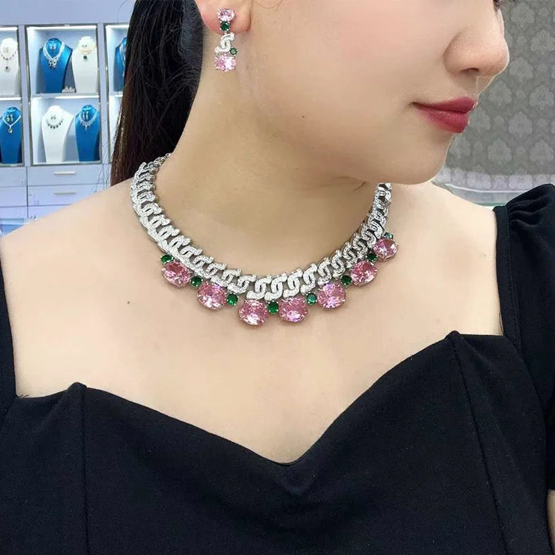 Exquisite Pink Zircon Bride Set S-shaped Full Diamond Necklace Earrings High End Customized Important Occasion Festival Jewelry