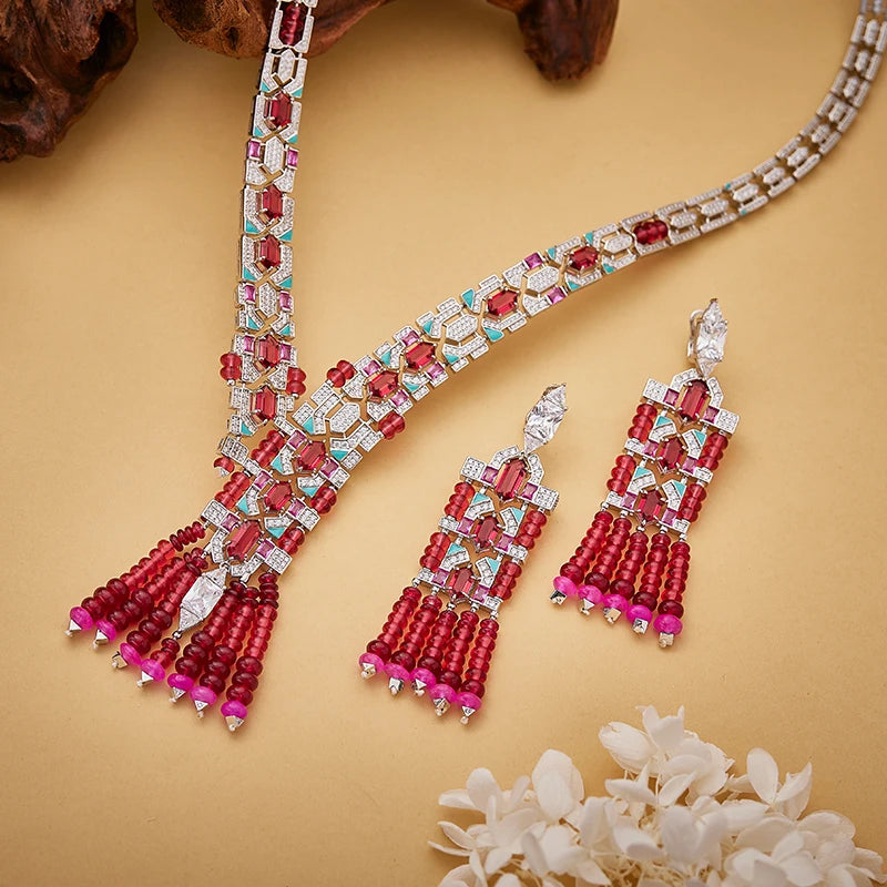 Online Purchase of Red Bead Tassel Necklace Earrings  High-end Inlaid Zircon Handmade Enamel Dubai Fashion Jewelry