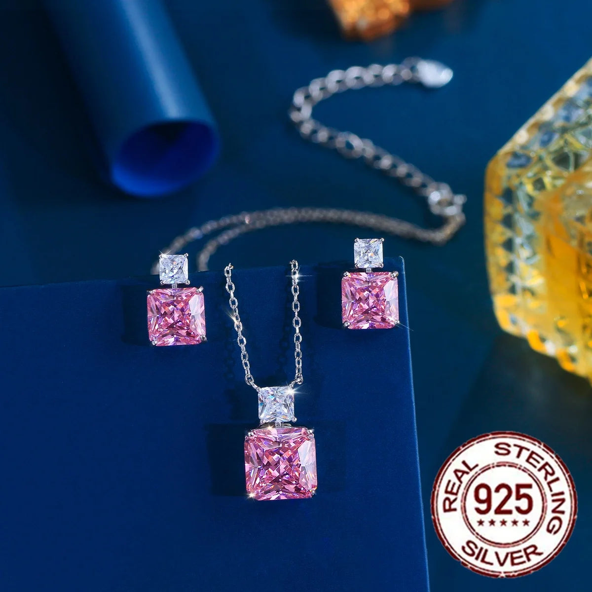 Elegant Fine Zirconia Jewelry Set 925 Sterling Silver Pink CZ Square Pendant Necklace Earrings Jewelry Set for Women Party Gifts