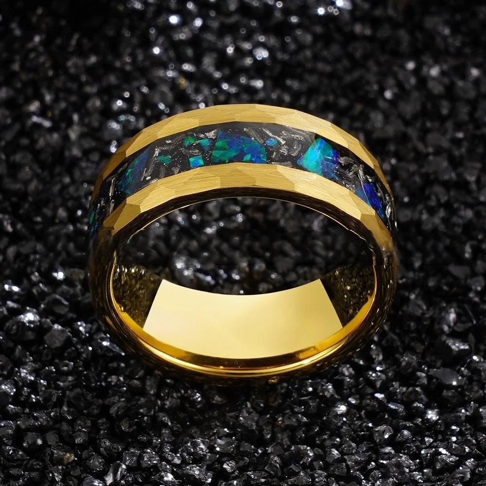 New Classic Unisex 18K Gold Plated Hammered Tungsten Steel Ring 8mm with Inlaid Blue-Green Opal Meteorite