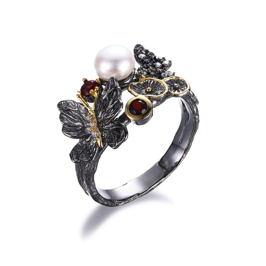Butterfly Design Button Pearl 925 Sterling Silver Ring