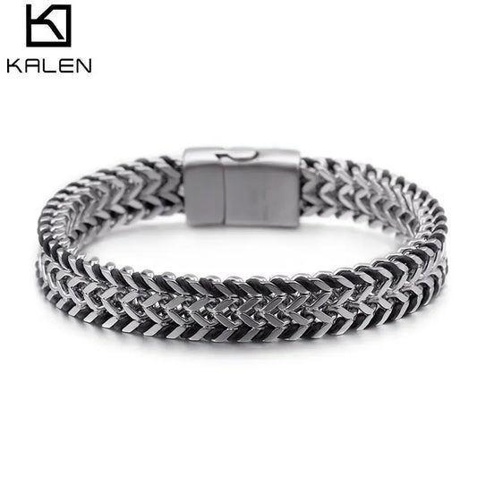 KALEN Stainless Steel Fashion Double Layer 11mm Width Mesh Link Chain Wrist Bracelets for Men