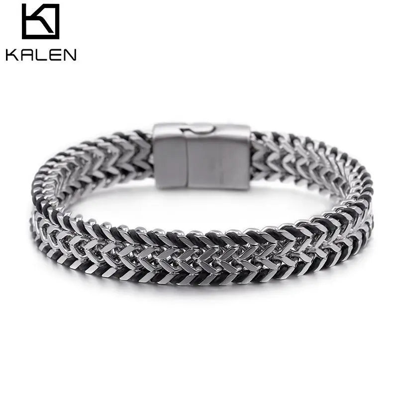 KALEN Stainless Steel Fashion Double Layer 11mm Width Mesh Link Chain Wrist Bracelets for Men