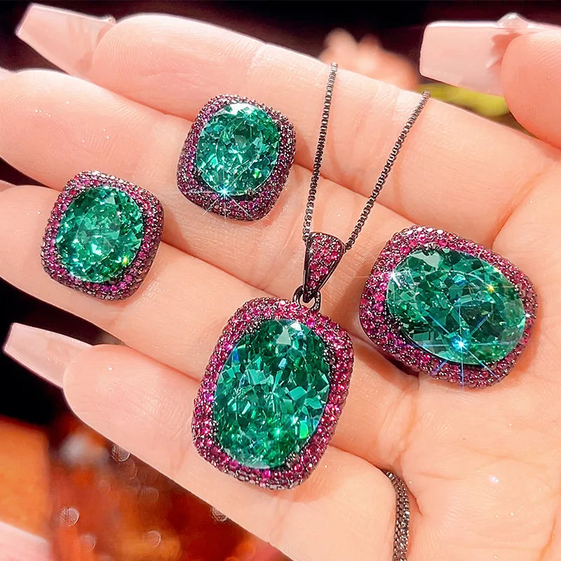 Gemfiori Luxury Vintage Gothic Royal Blue Sapphire Jewelry Set Black Gold Plated Cushion Cut Blue Gem Halo Pendant Necklace Earrings Ring