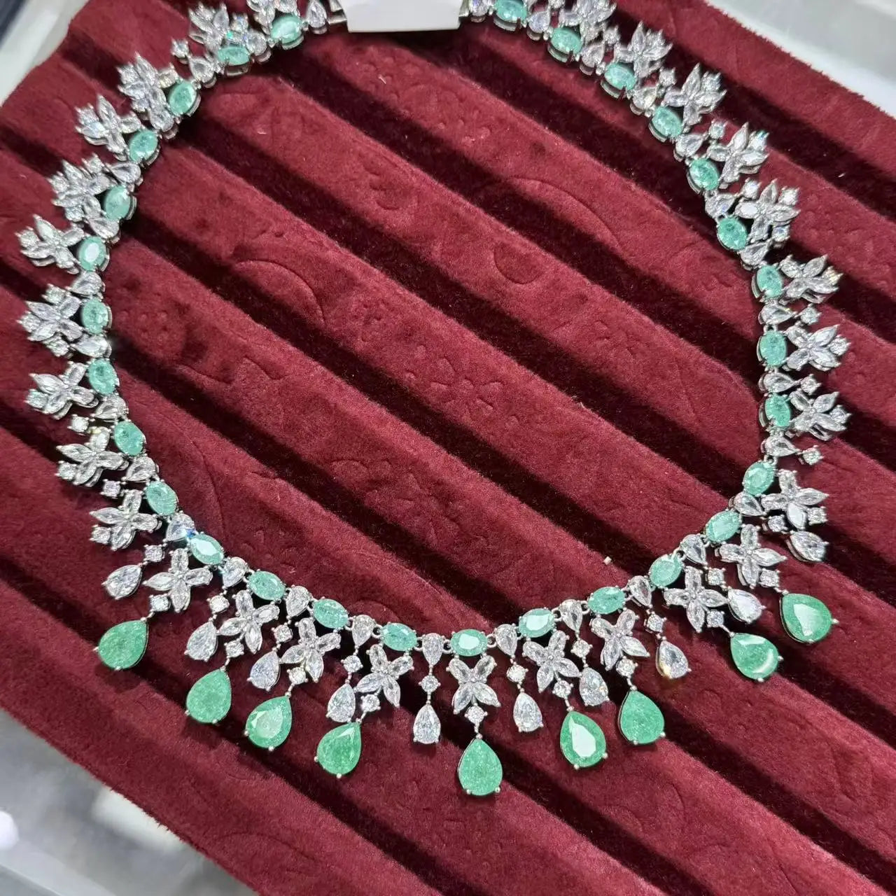 Luxury Cubic Zirconia Geometric Necklace & Earrings Bridal Set — Pink, Green & Purple