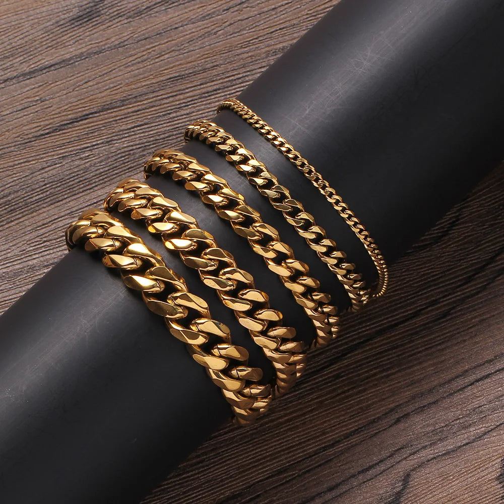 REDheart REBEL Fashion Hip Hop Jewelry Gold Silver Color 3/5/7/9/11mm Lobster Clasp Stainless Steel Cuban Link Bracelet for Women and Men