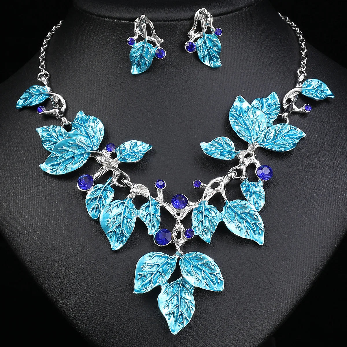 Painted Enamel Leaf Crystal Necklace & Earrings Jewellery Set | Colourful Botanical Fashion Set