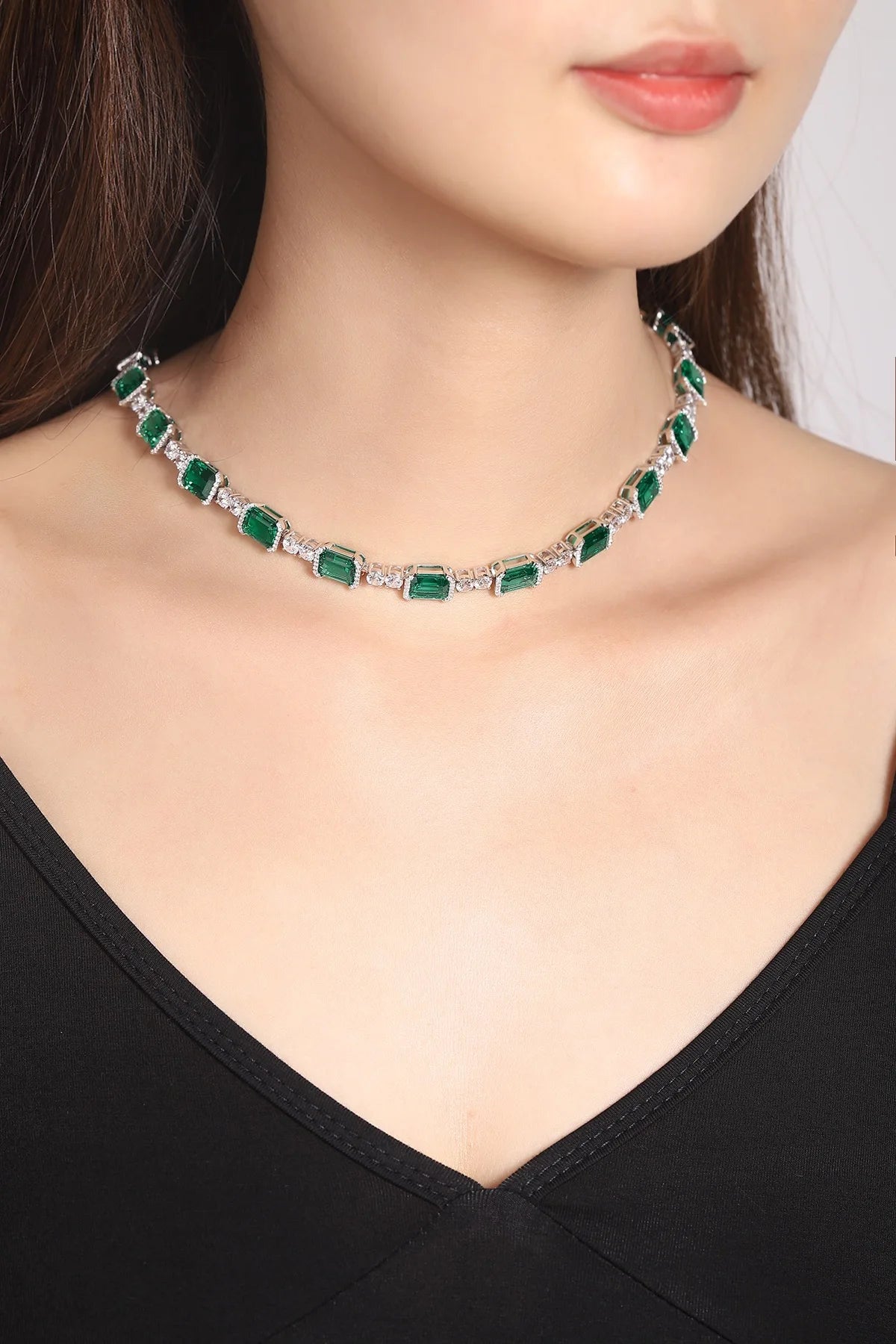Gemfiori Anster Luxury 925 Sliver Lab Grown Emerald Pendant Necklace Emerald Cut Shape for Wedding Gift Party Engagement Anniversary
