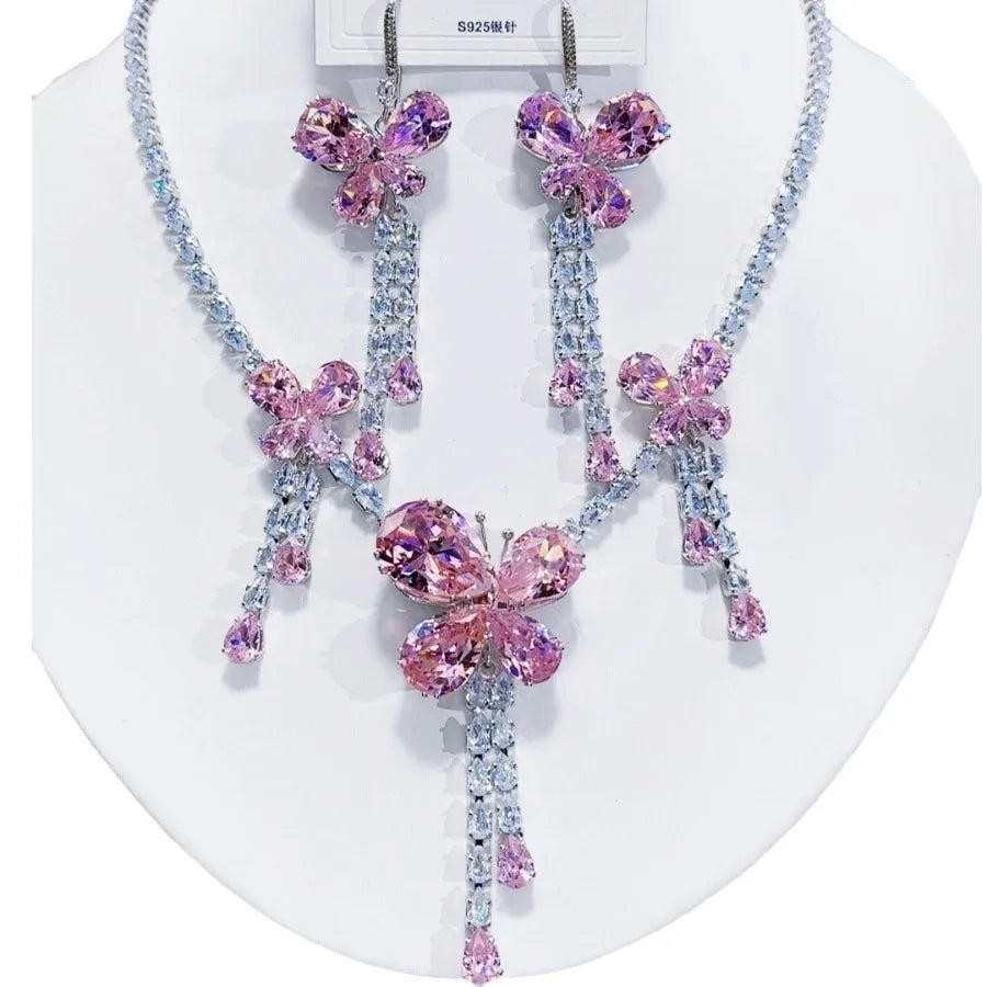 K039 High End Trendy Luxury Exquisite Blue and Pink Zircon Butterfly Necklace Earrings Set Women Elegant Jewelry Set for Party