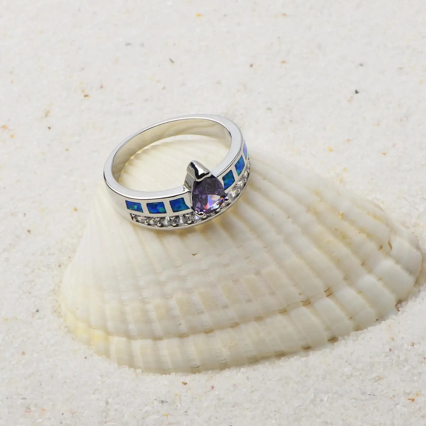 Luxury Teardrop Purple Gem & Blue Opal Ring | Zircon-Accented  Band | Statement Fashion Jewelry for Women Special Occasions