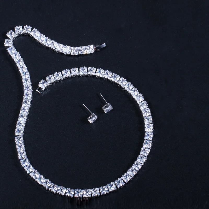 Super Shiny Square Cubic Zirconia Chain Link Tennis Necklace and Stud Earrings Jewelry Set for Women Man Party