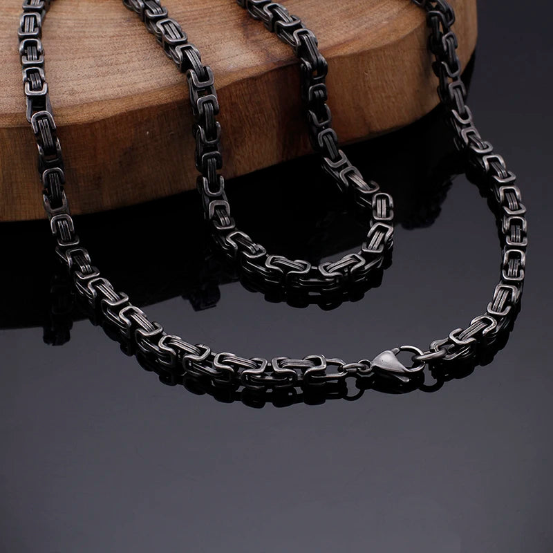 REBEL VIKING Matte Black Byzantine Chain Necklace – 316L Stainless Steel Men's Vintage Dark Chain