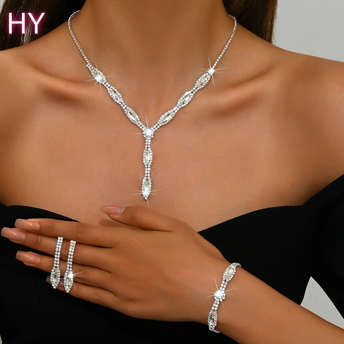 HY  Factory Wholesale Multi-style Multi-color Drop Gemstone Crystal Necklace Jewelry Set Suitable for Wedding Banquet Wearing