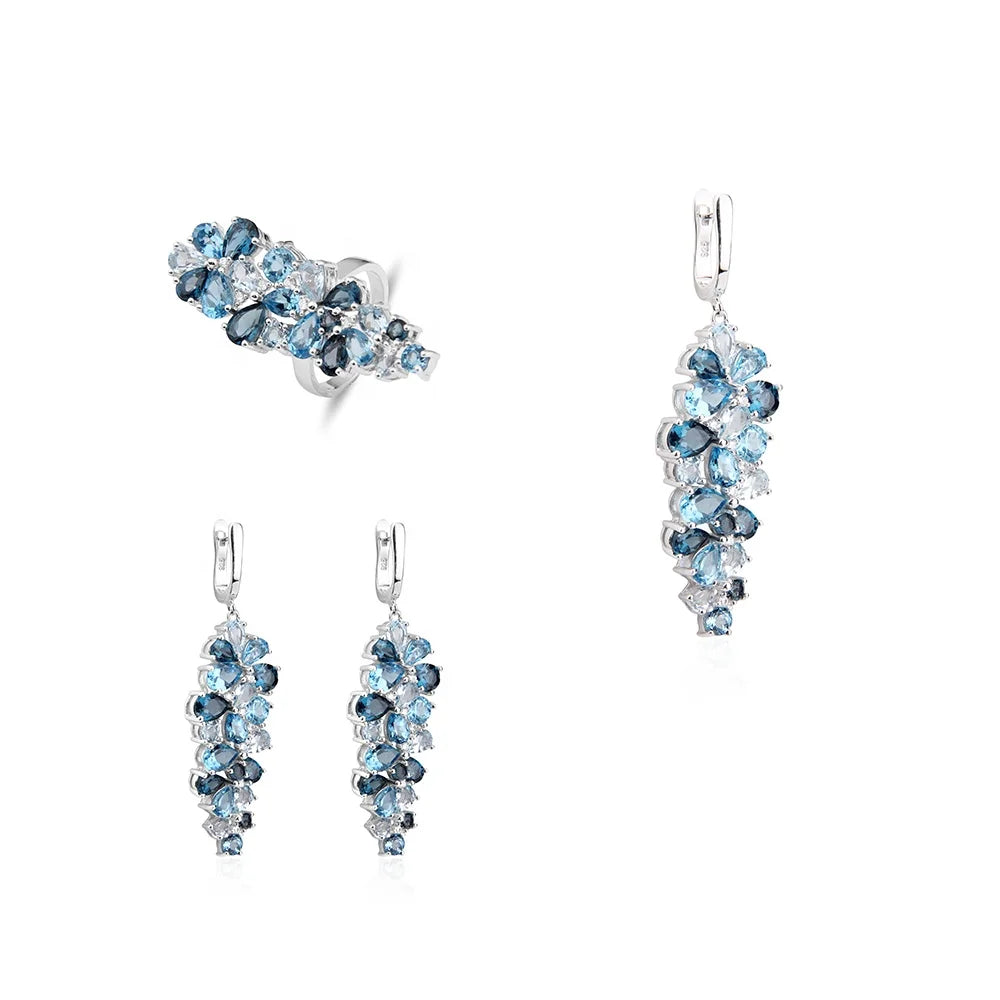 ArtistA Abiding Fine Jewelry High End Luxury Cluster Sky Blue Topaz 925 Sterling Silver 3 PCS Flower Jewelry Set for Women